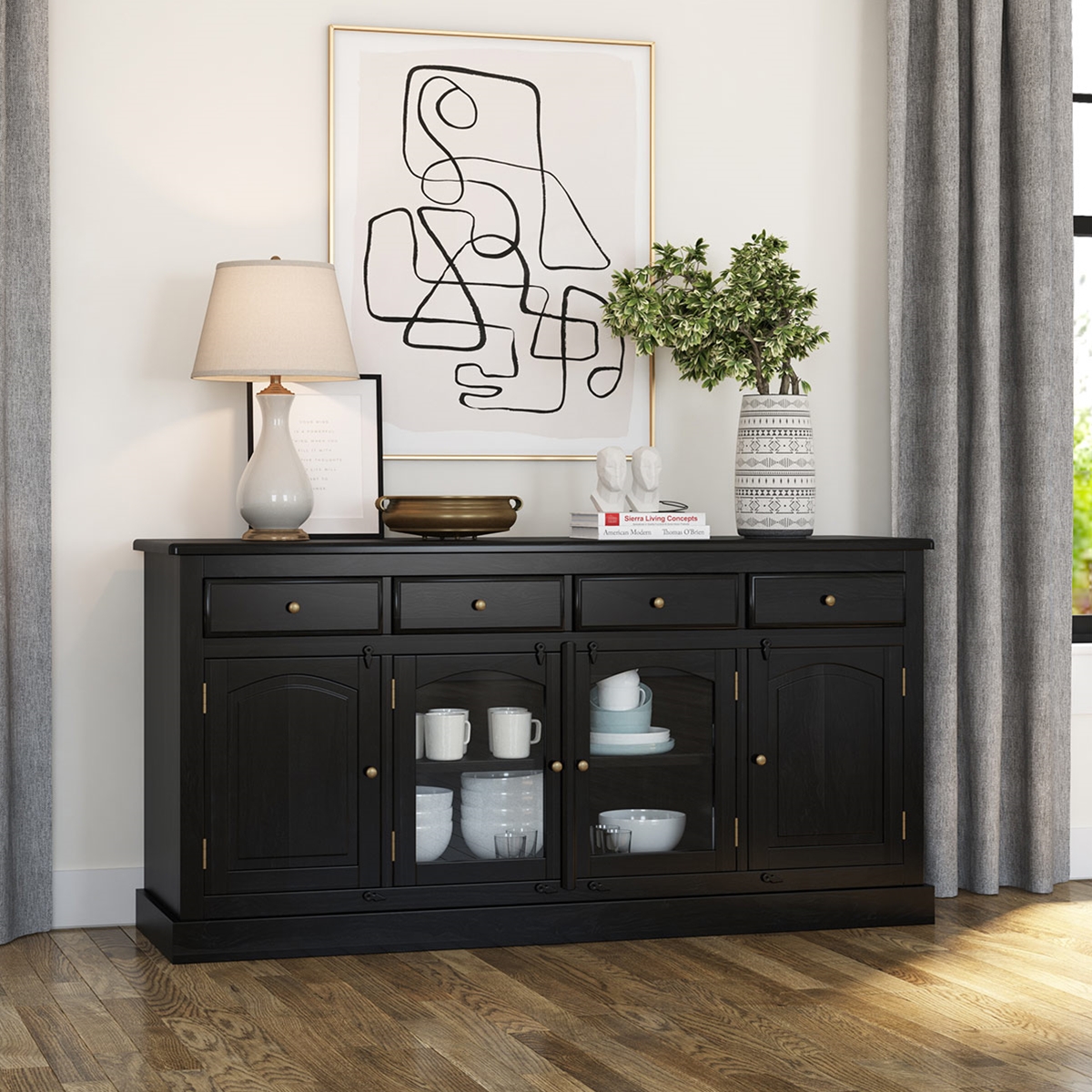 Novara Modern Solid Wood Black Buffet Cabinet with Glass Door