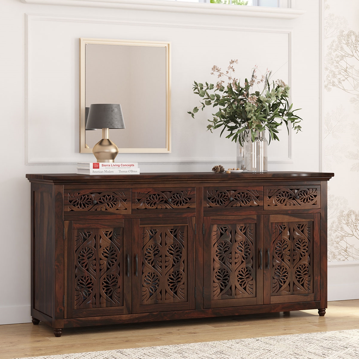 Langley Traditional Rustic Solid Wood 4 Drawer Long Sideboard Cabinet