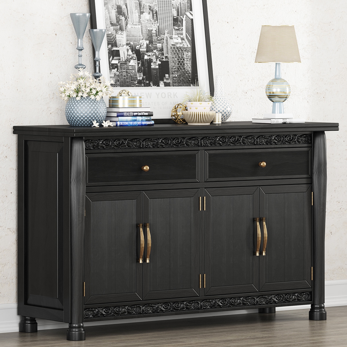 Cambria Solid Wood Black Sideboard with Wine Storage