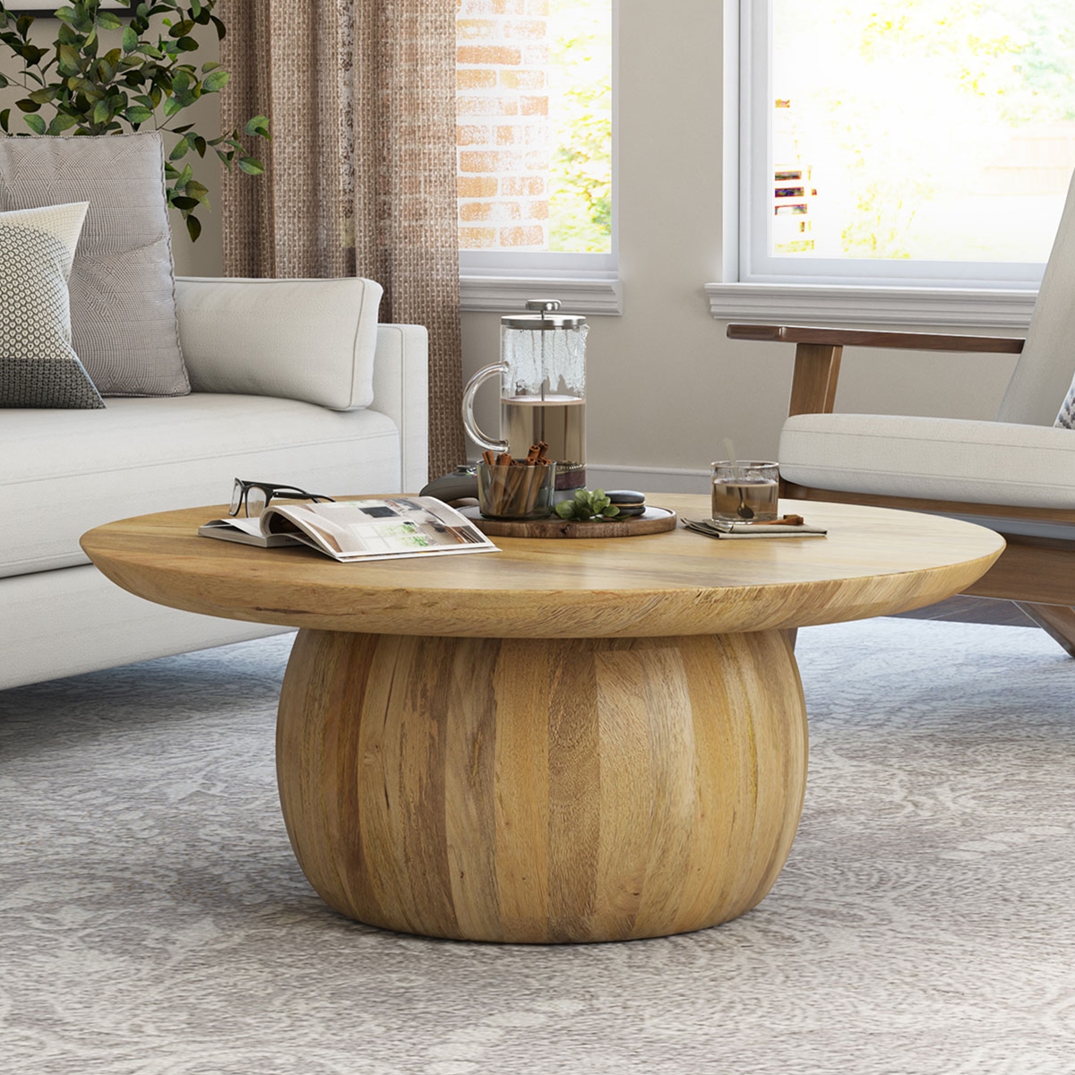 Camargito Solid Mango Wood Round Pedestal Coffee Table