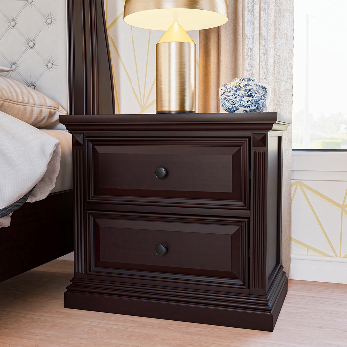 Bordeaux Solid Mahogany Wood Traditional 2 Drawer Nightstand