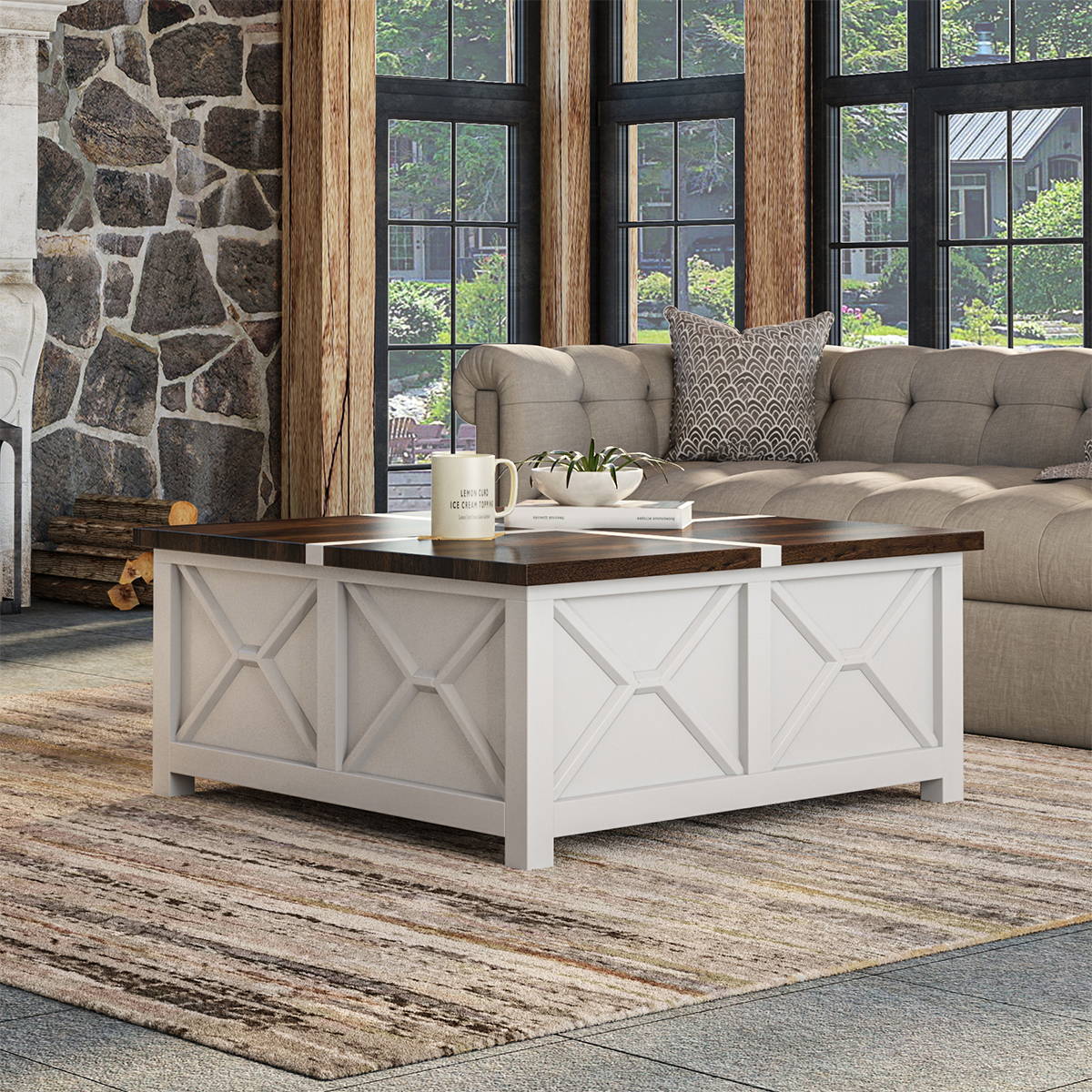 Acireale Modern Farmhouse Square Coffee Table With Trunk Storage