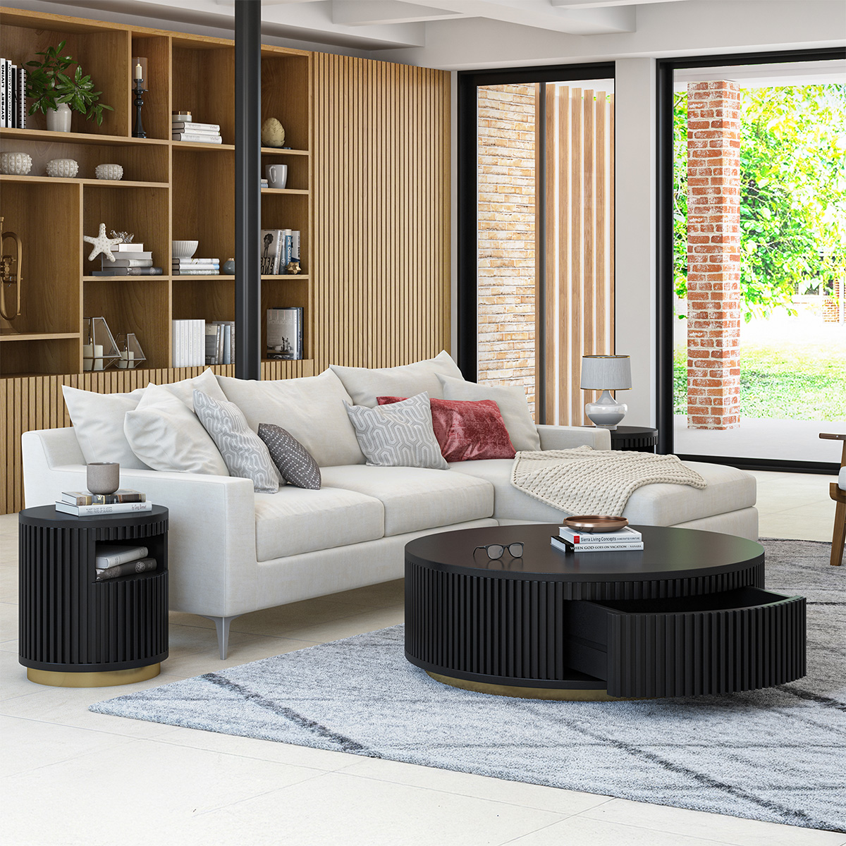 Almeria Fluted Modern Black Round 3 Piece Coffee Table Sets