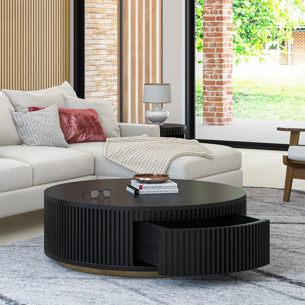 Almeria Round Black Fluted Coffee Table With Storage