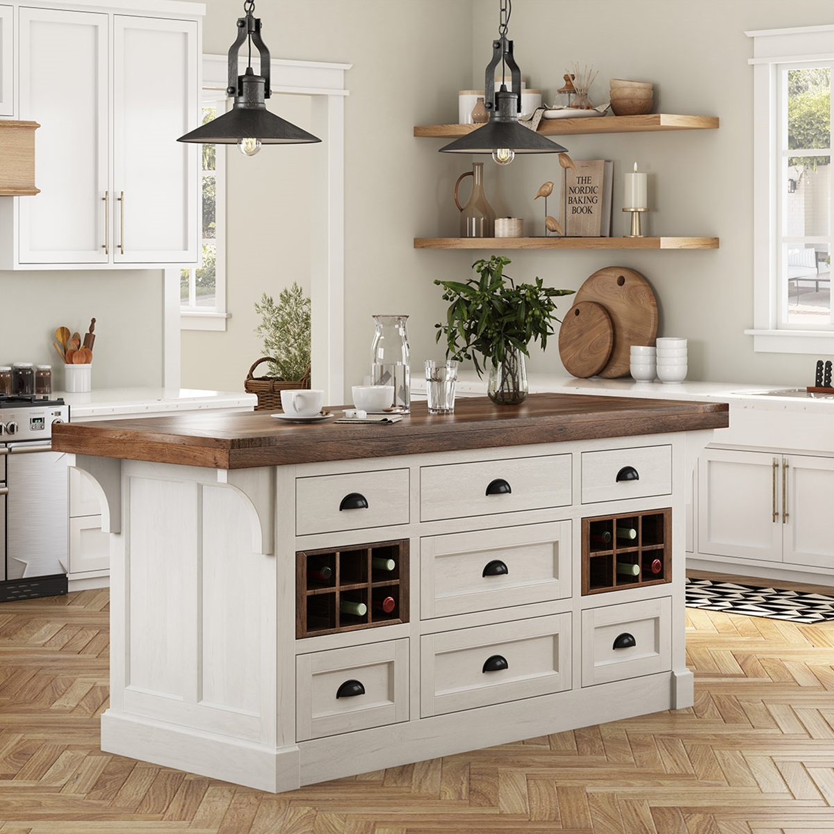 Villeneuve Solid Wood 2 Tone 7 Drawer Kitchen Island with storage