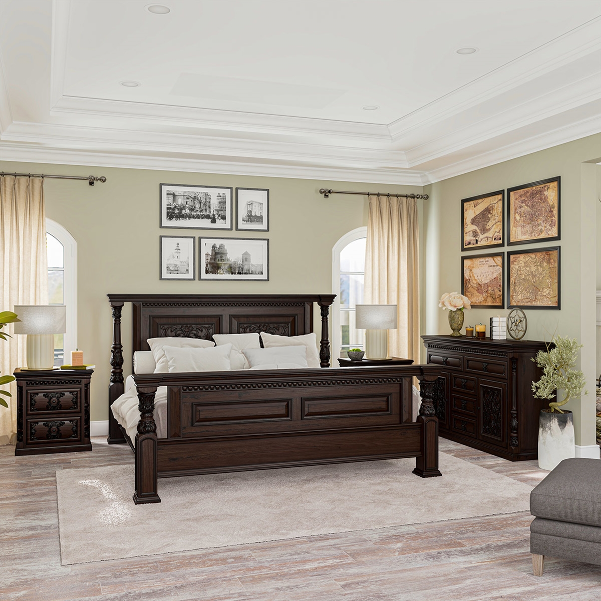 Lindenhurst Solid Mahogany Wood Traditional 4 Piece Bedroom Set