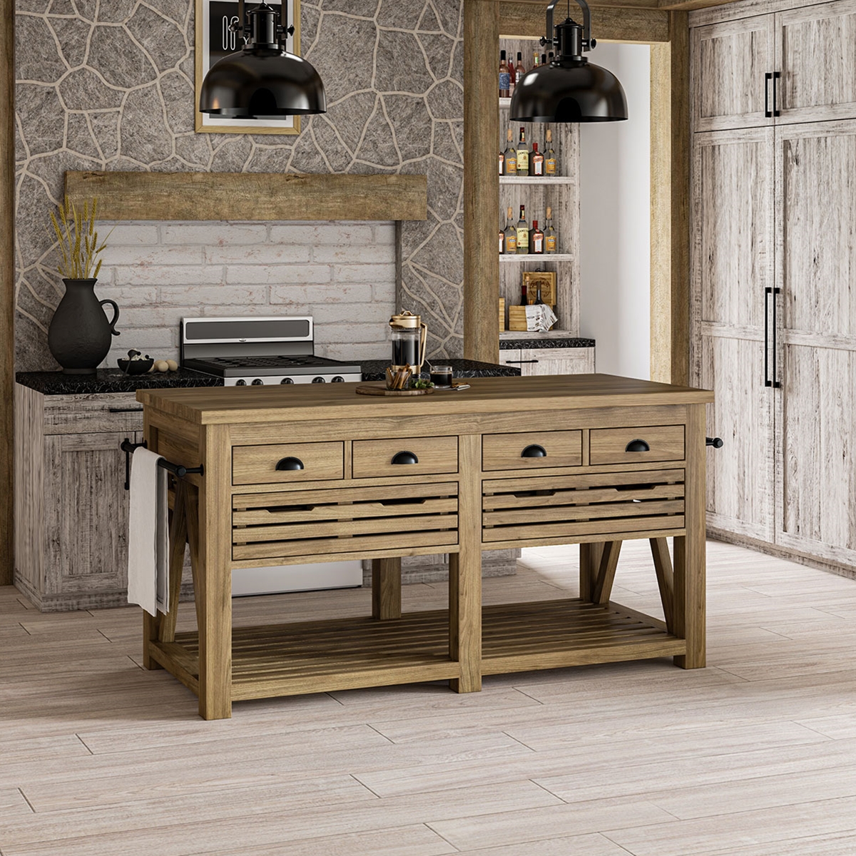 Calderdale Teak Wood Rustic Kitchen Island With Drawers