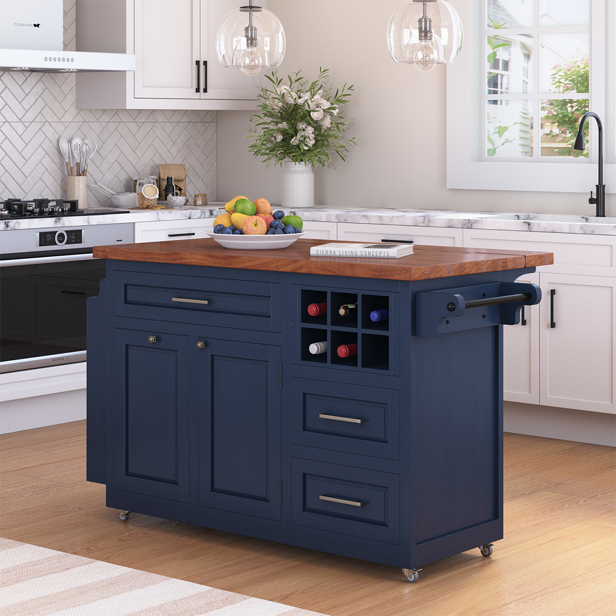 Erie Modern Butcher Block Drop Leaf Kitchen Island Carts with Trash bin