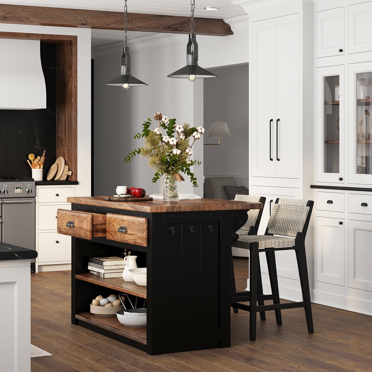 Manzanita Rustic Solid Wood Small Kitchen Island with Extended Edges
