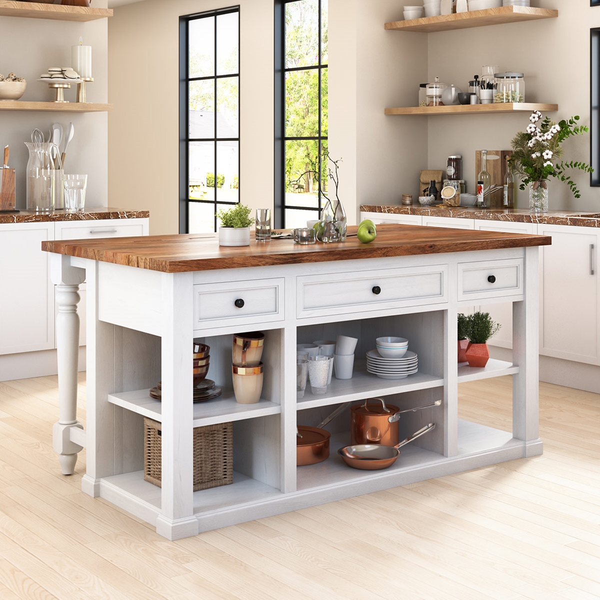 Rhinebeck Rustic Solid Wood Two Tone White Kitchen Island with Drop Leaf