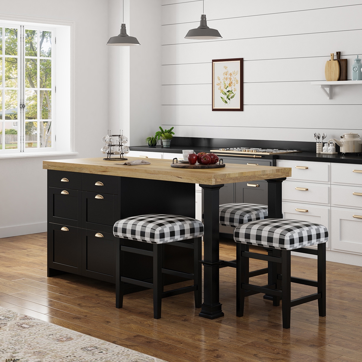 Prebbleton Solid Wood Black Kitchen Island with Seating and Storage