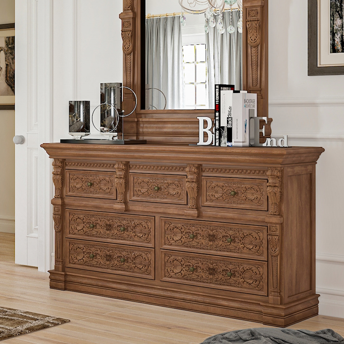 Brisbane Mahogany Wood Hand-carved 7 Drawer Bedroom Dresser