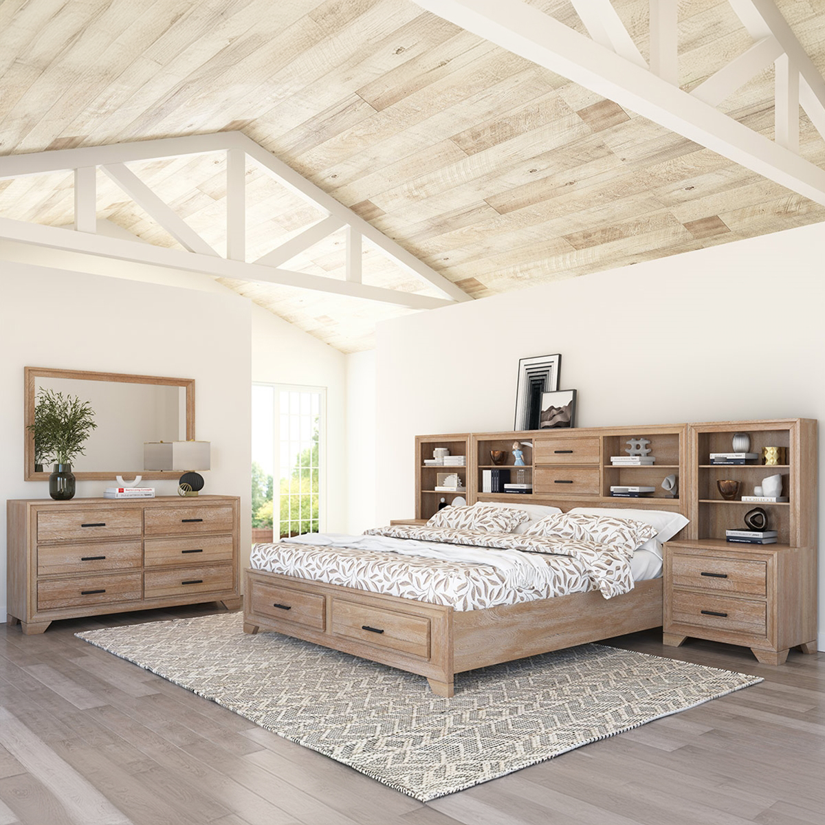 Villeneuve Modern Farmhouse 4 Piece Bedroom Set w Bookcase Headboard