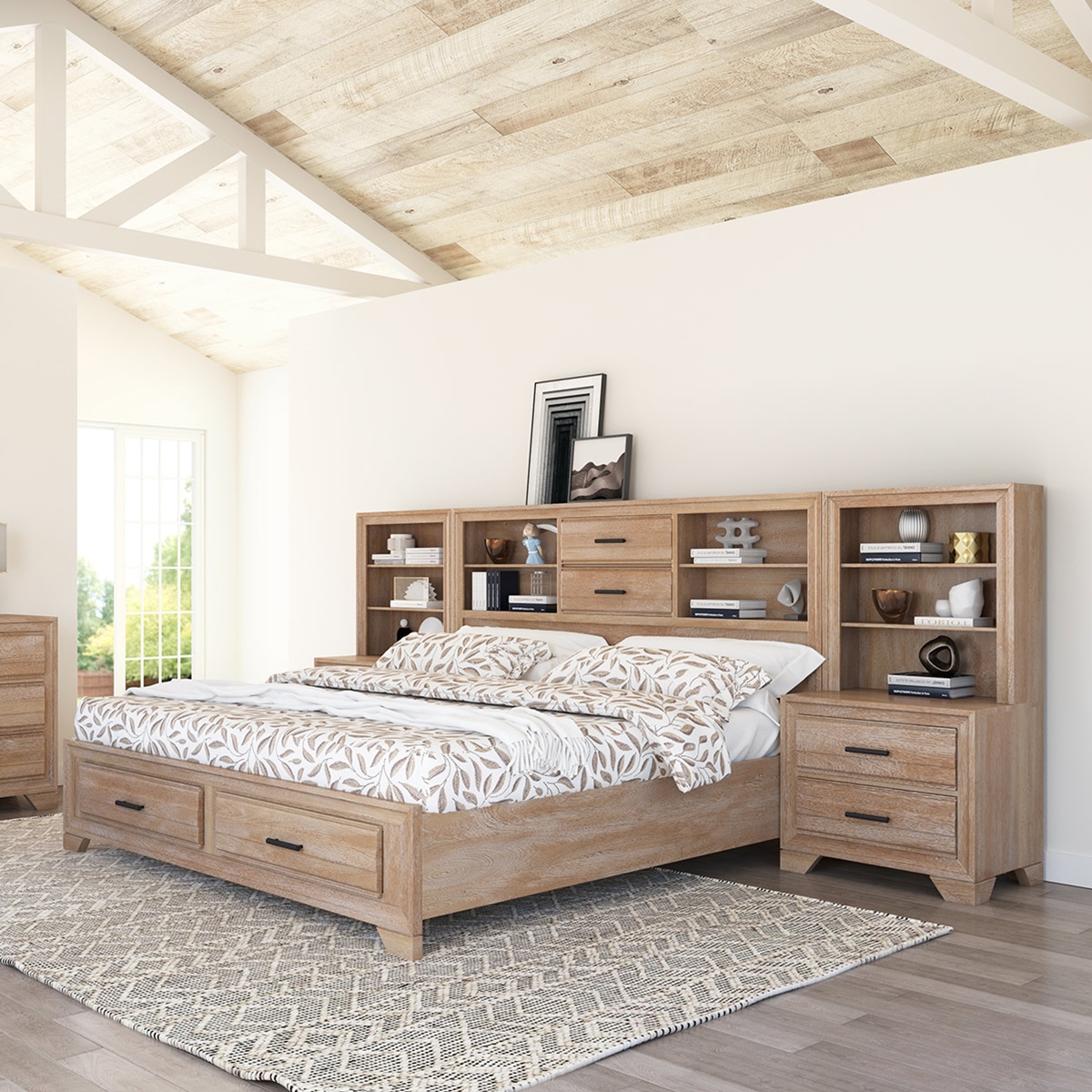 Villeneuve Modern Farmhouse Solid Wood Platform Bookcase Bed