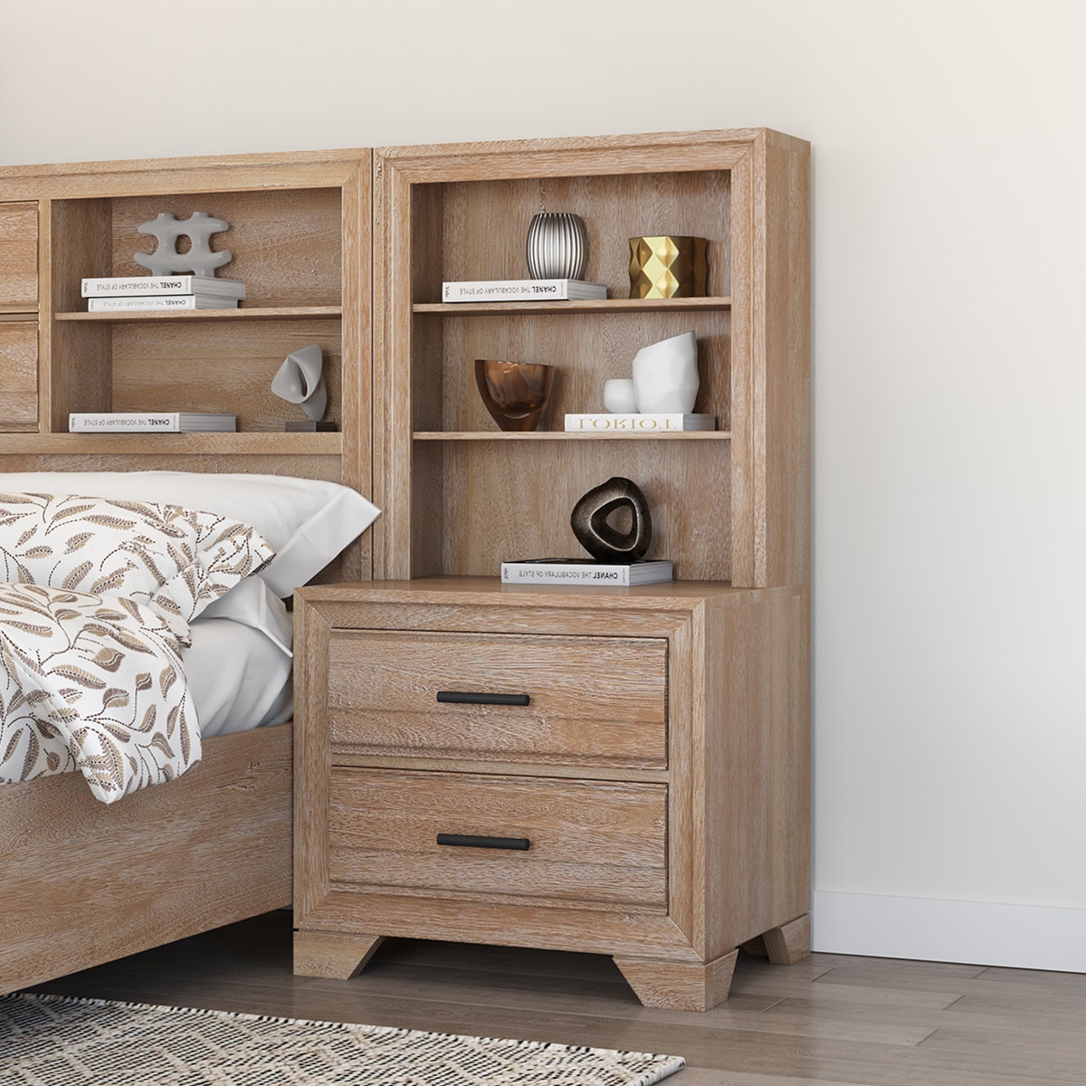 Villeneuve Modern Farmhouse Solid Wood 2 Drawer Bookcase Nightstand