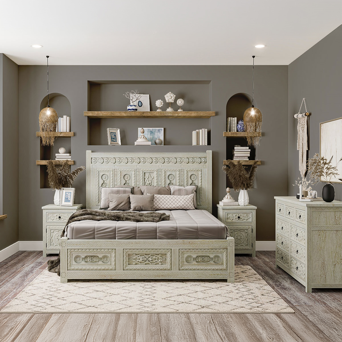 Burford Mahogany Wood Farmhouse Style 4 Piece Bedroom Set