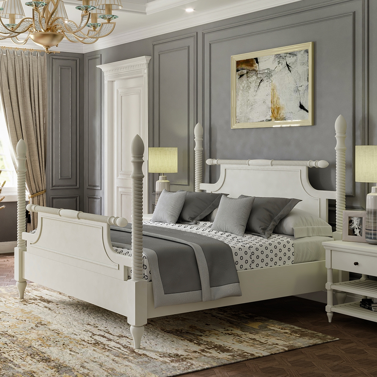Hartlepool White Solid Wood Platform 4 Poster Bed