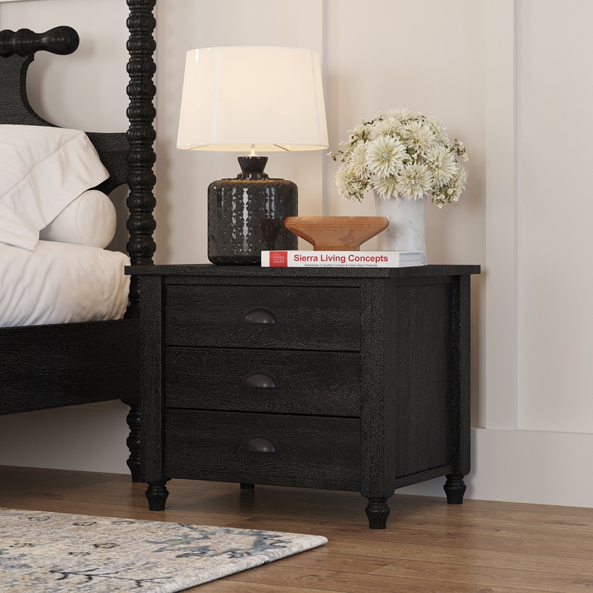 Moncton Black Solid Wood 3 Drawer Nightstand