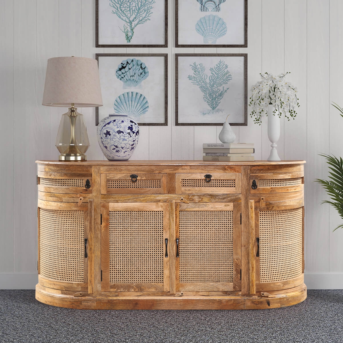 Chino Rustic Solid Wood 4 Drawer Large Rattan Credenza
