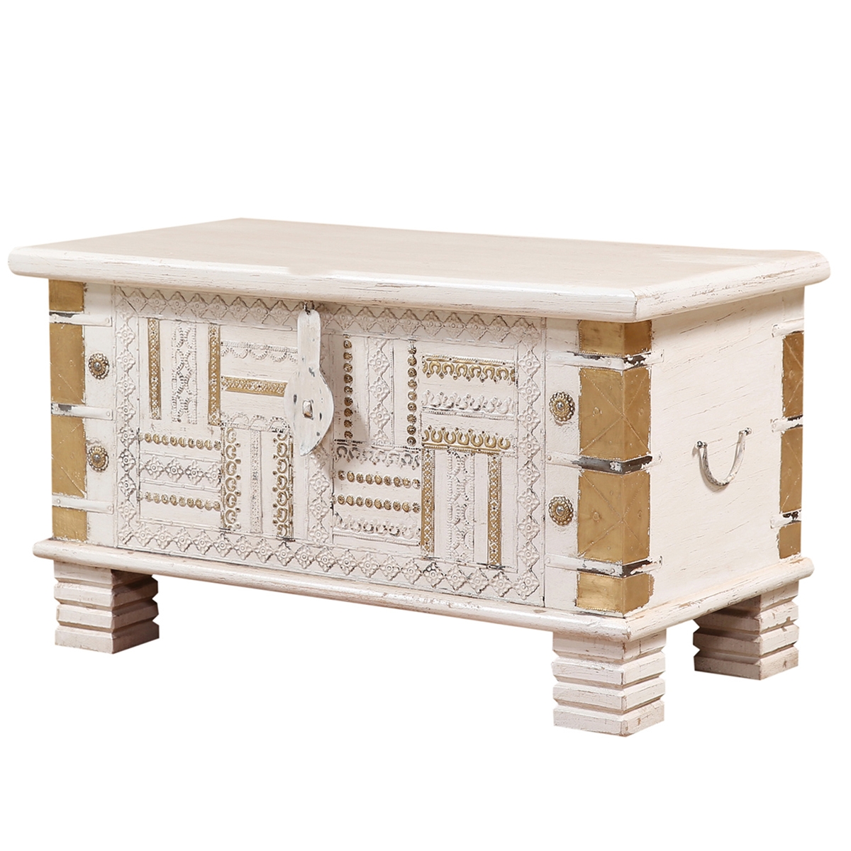 Gilroy Solid Wood Whitewash Distressed Handcraved Coffee Trunk Table