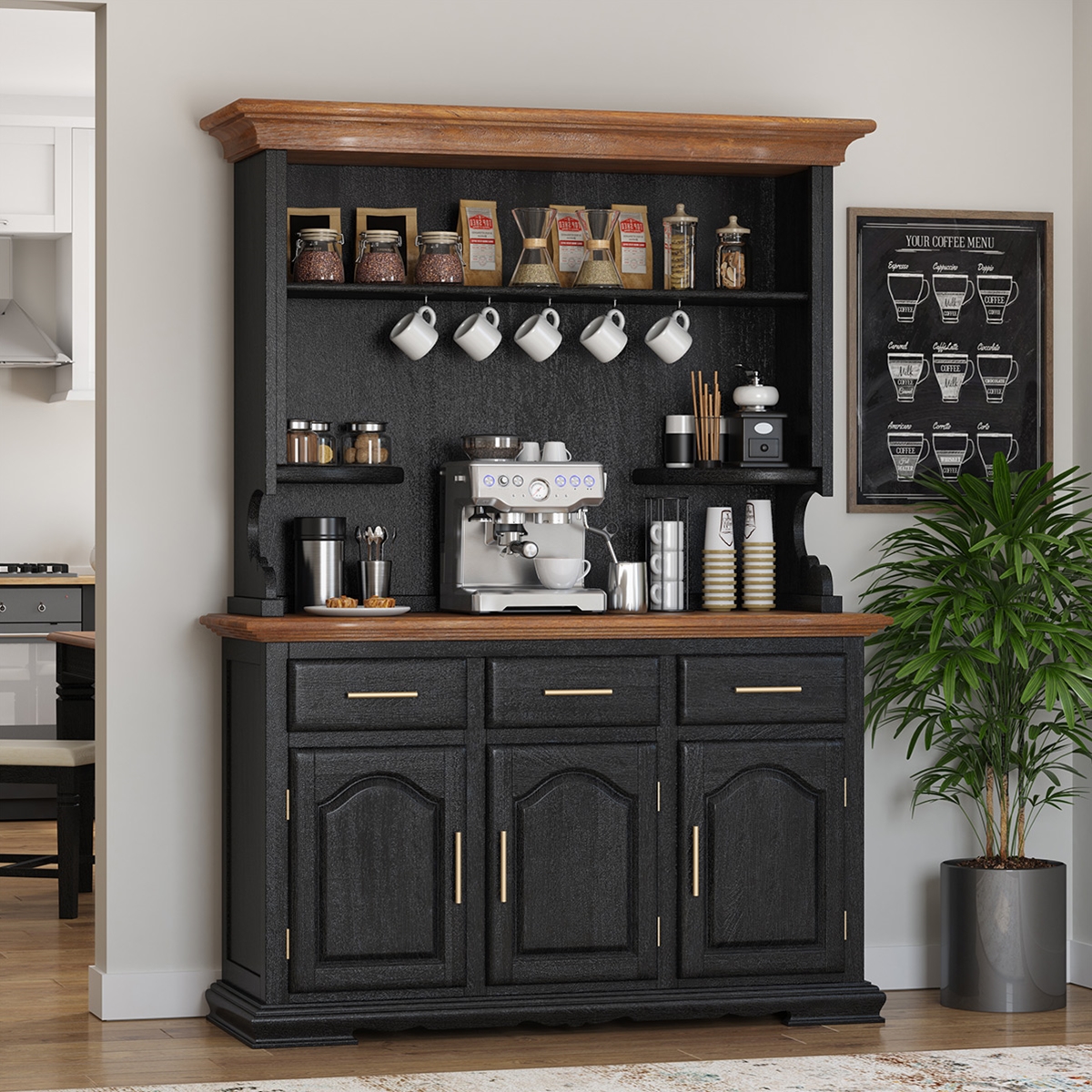 Loomis Tall Two Tone Rustic Kitchen Hutch With Cornice Top