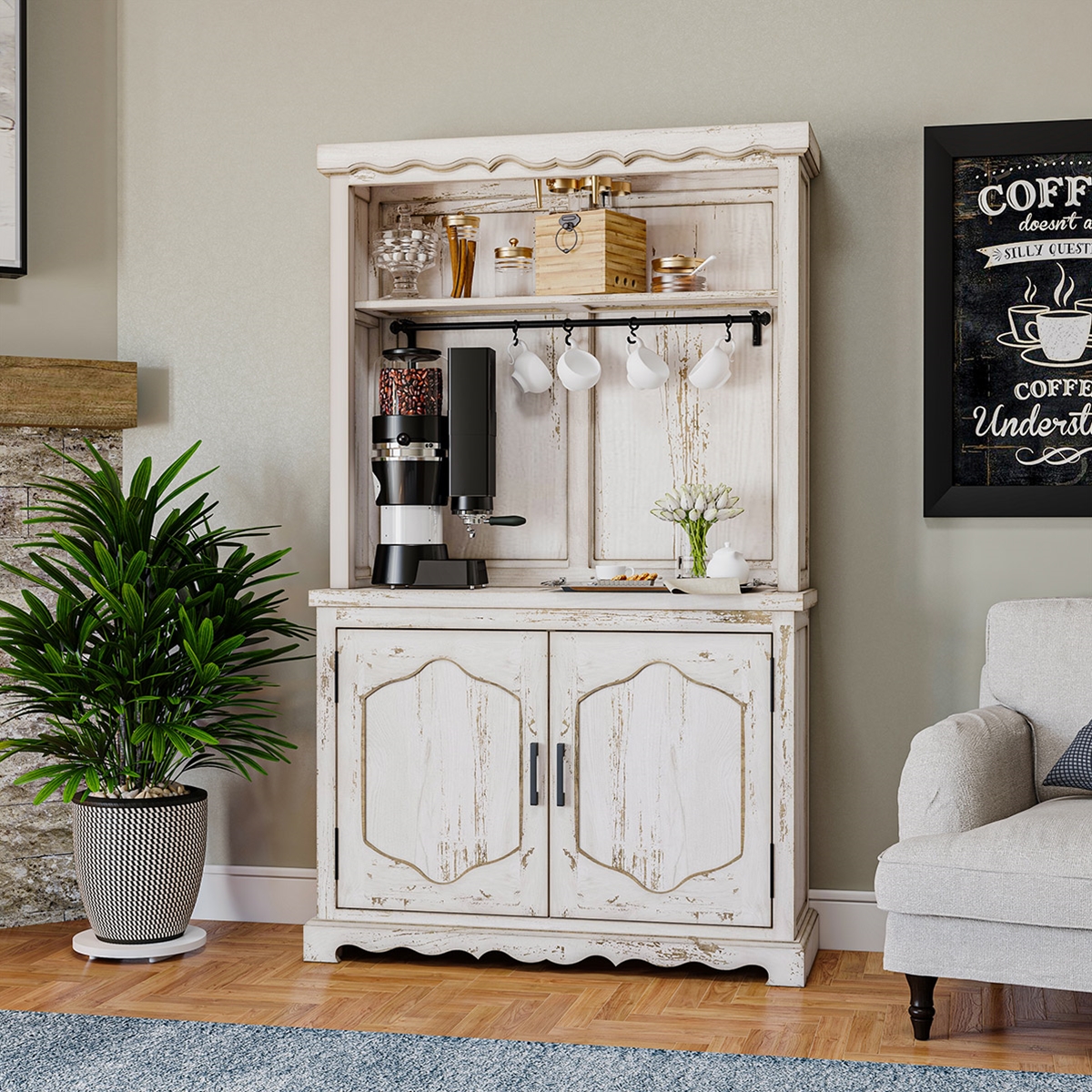 Regensburg Mahogany Wood Distressed Farmhouse Coffee Bar Hutch