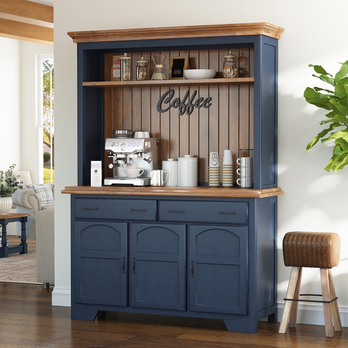Pinole 2 Tone Farmhouse Kitchen Hutch Cabinet With Drawers