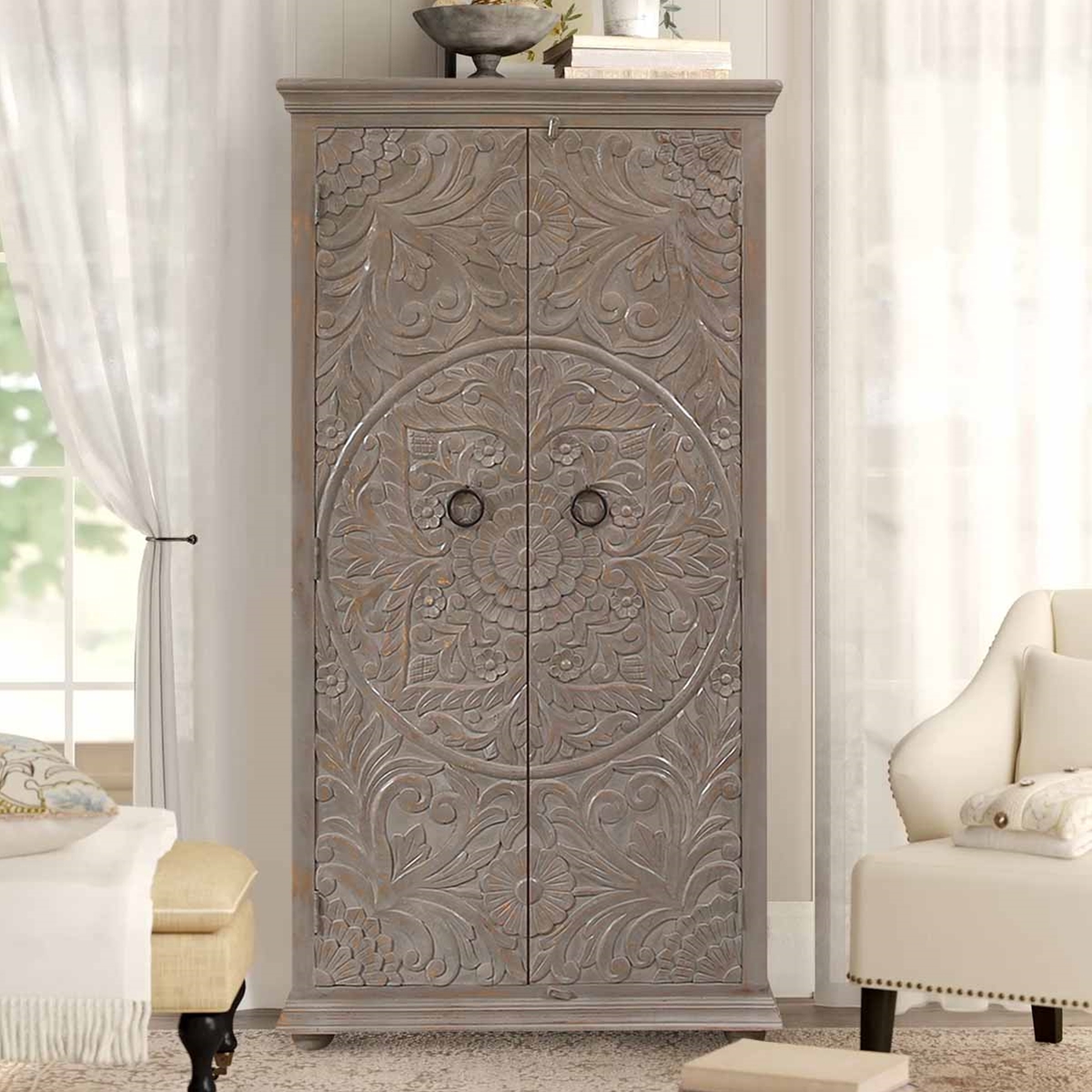 Santee Traditional Grey Hand Carved 2 Door Tall Armoire
