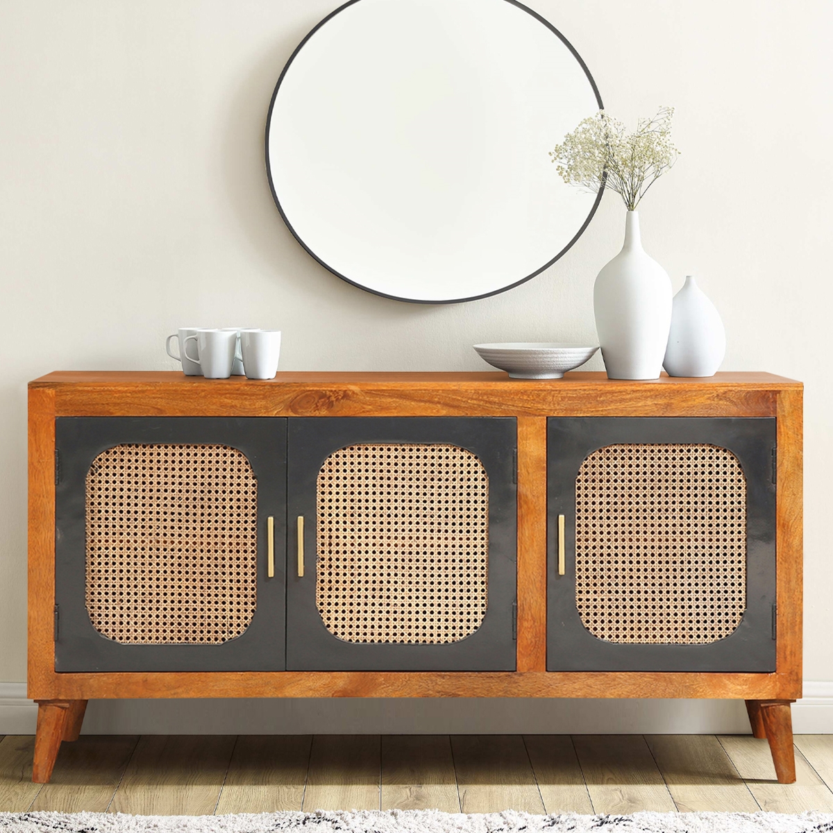 Willows Modern Rustic Solid Wood 2 Tone Rattan Door Buffet Sideboard