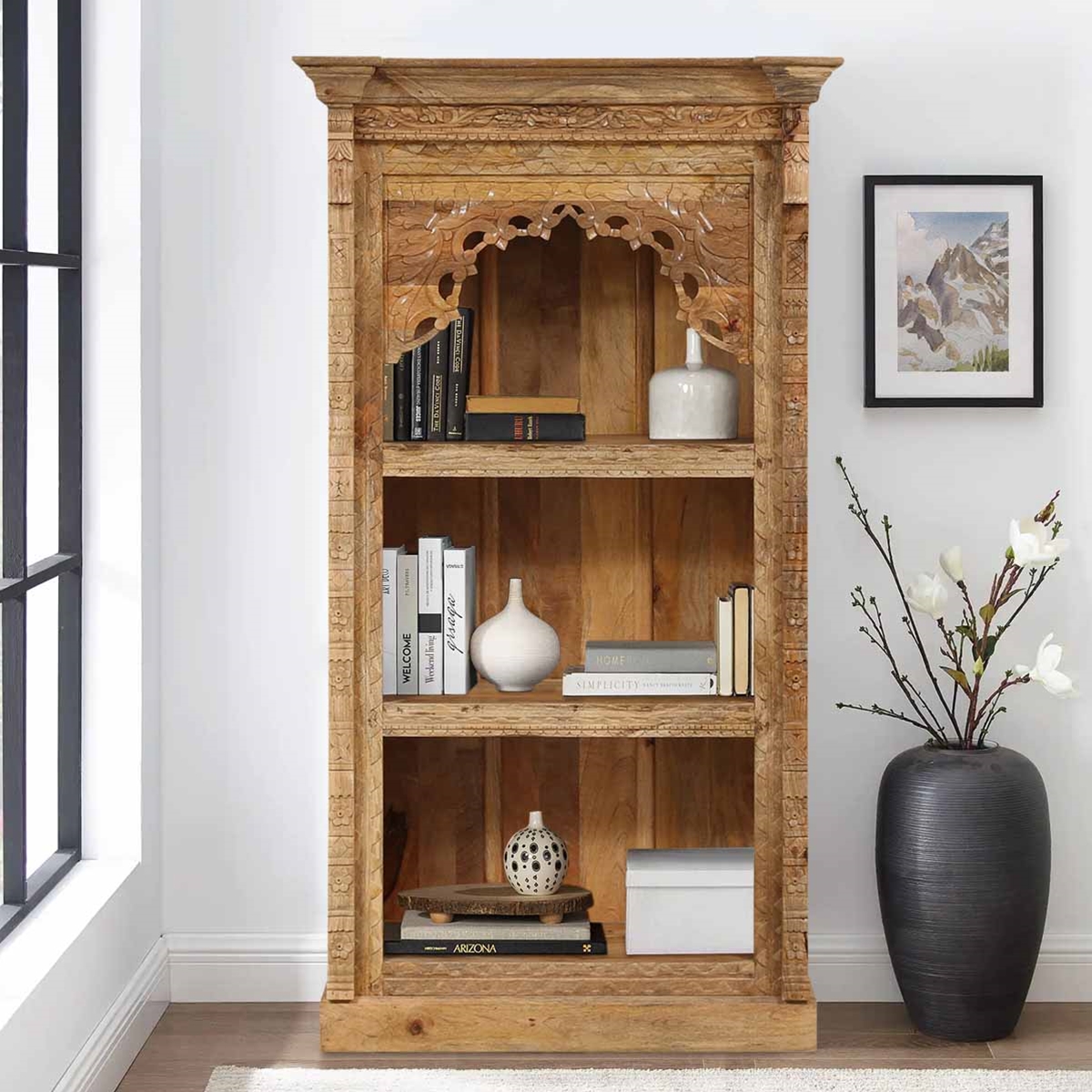 Spaulding Rustic Solid Wood Tall 3 Shelf Bookcase