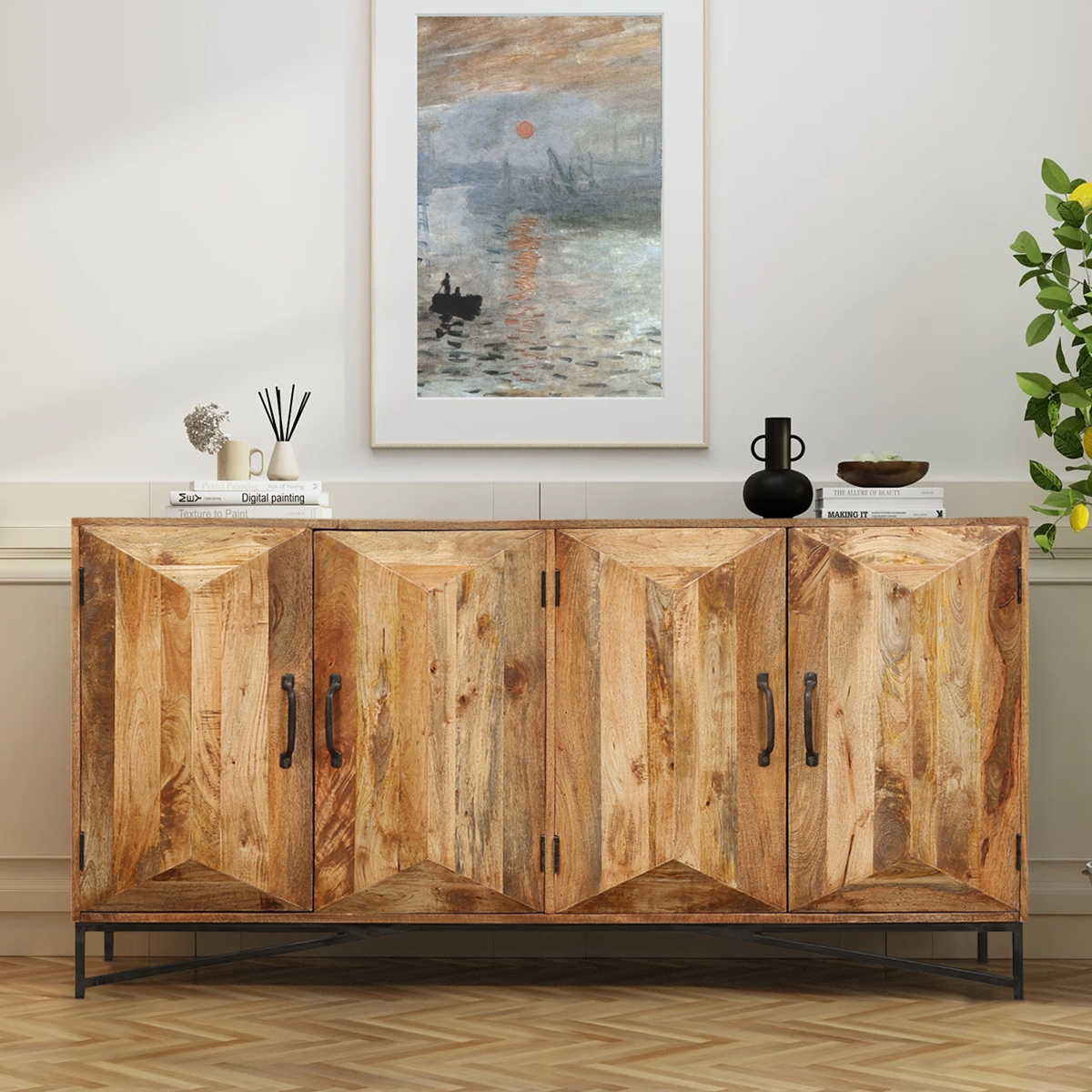 Ukiah Industrial Farmhouse Style 4 Door Long Buffet Sideboard