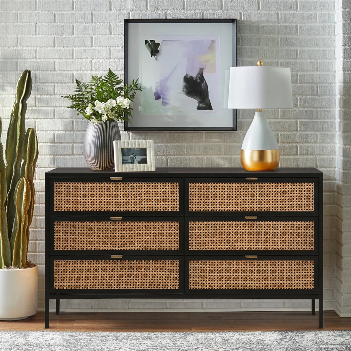 Winton Black Iron Rattan 6 Drawer Dresser