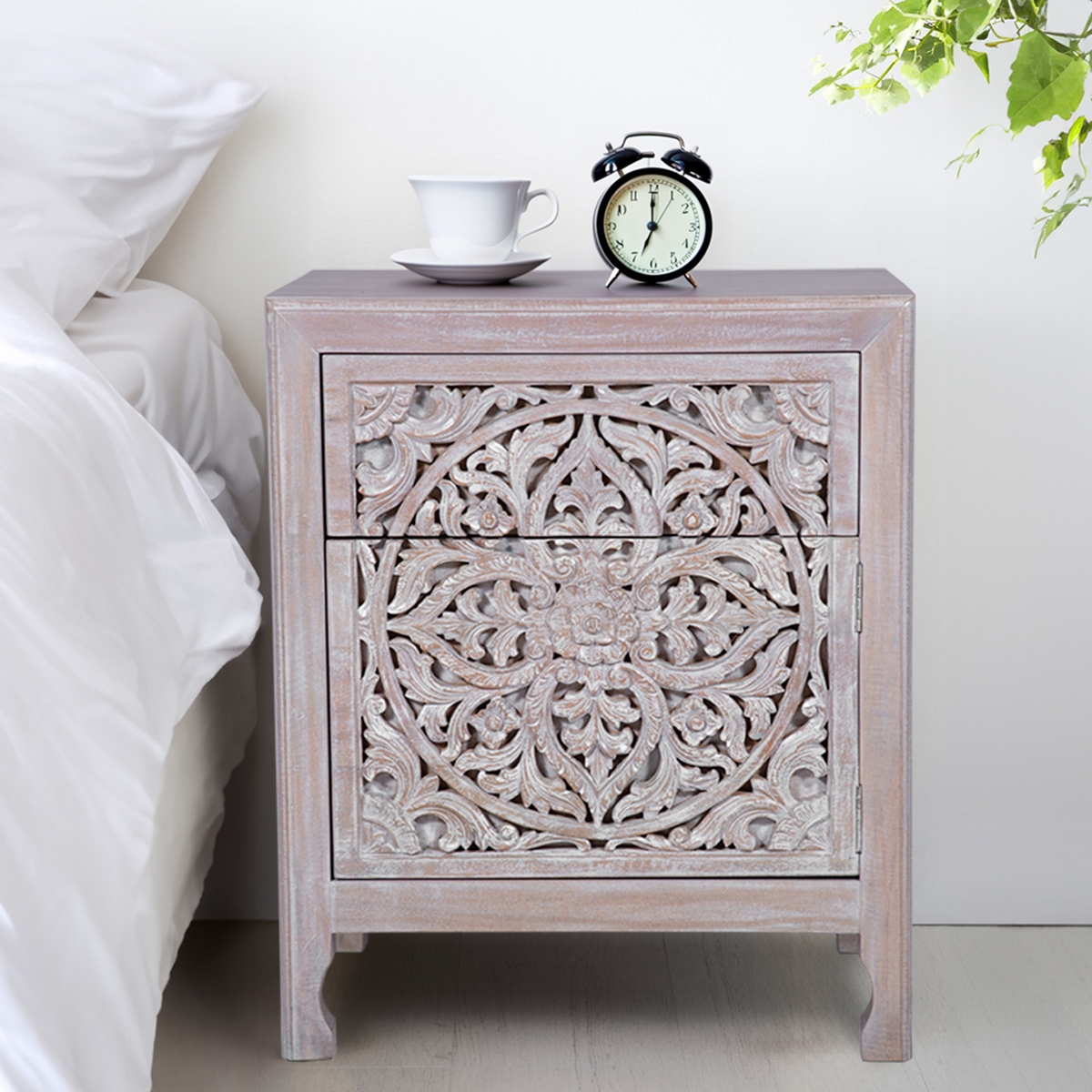 Cashel Distressed Mindi Wood Handcarved Nightstand