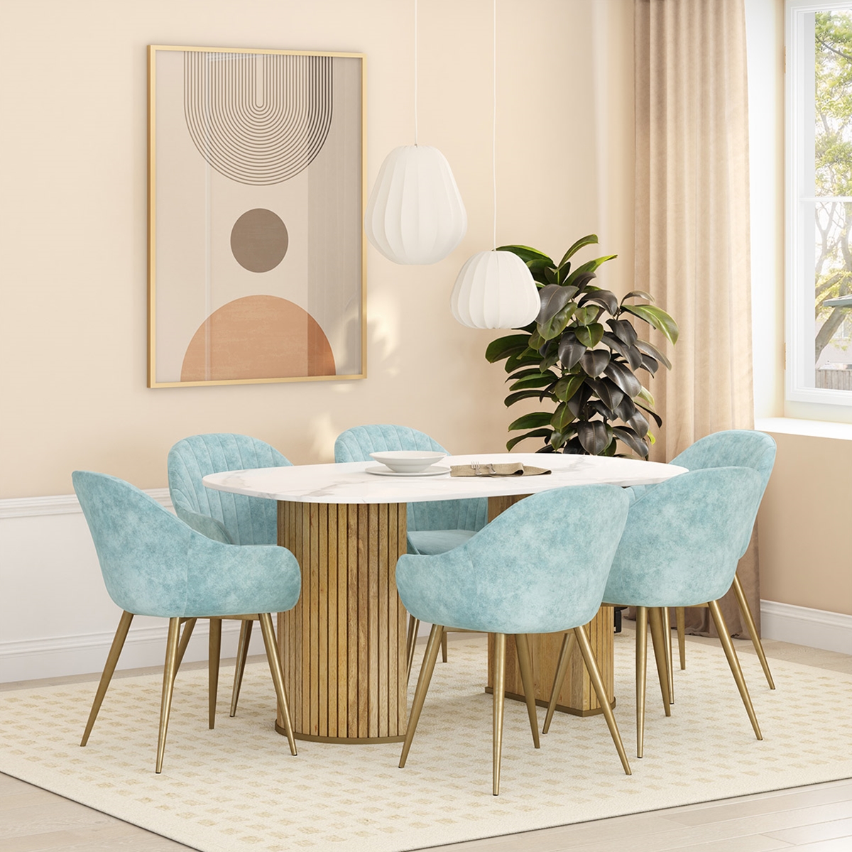 Darfield Solid Wood Marble Top Dining Table Set