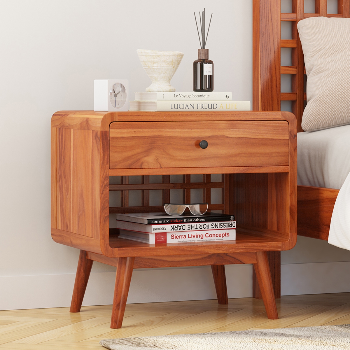 Bergenfield Teak Wood Mid-century Modern Nightstand