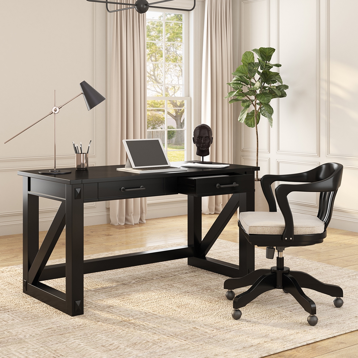 Bloomfield Farmhouse Solid Wood Black Writing Desk with Drawers