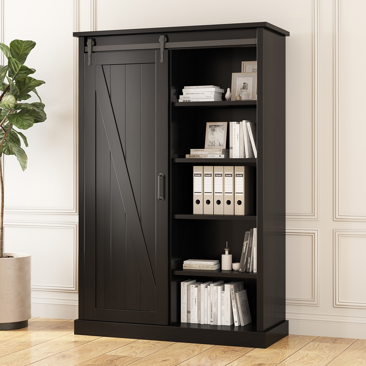 Bloomfield Farmhouse Solid Wood Barn Door Bookcase with 5 Shelves