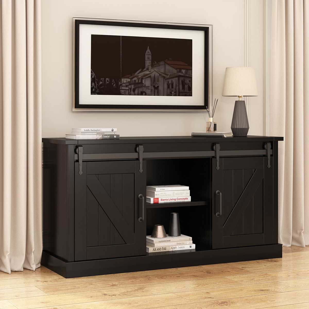 Bloomfield Farmhouse Solid Wood 2 Barn Door Office Credenza