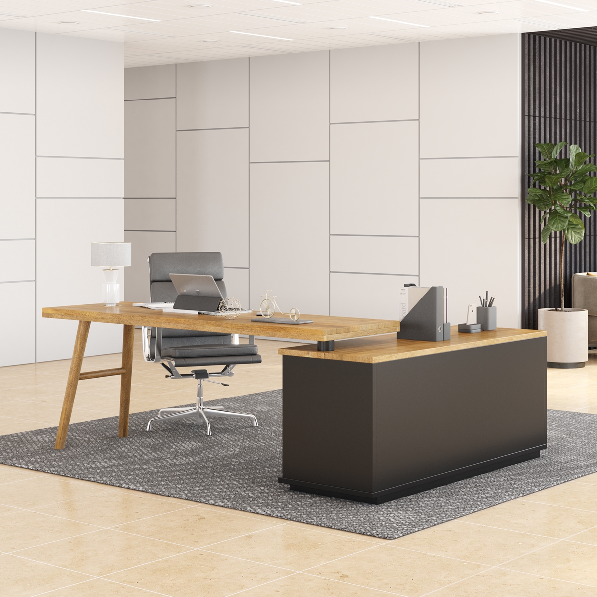 Mendoza Farmhouse Solid Wood 2 Tone L Shaped Rotating Desk