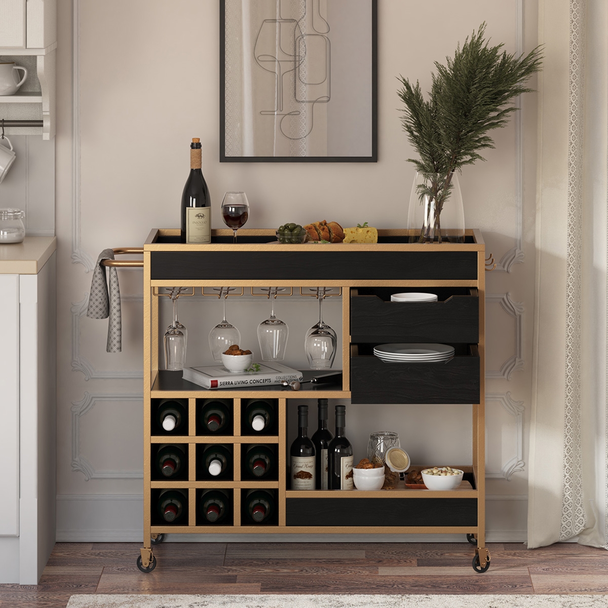 Martella Modern Solid Wood Gold Metal Bar Cart