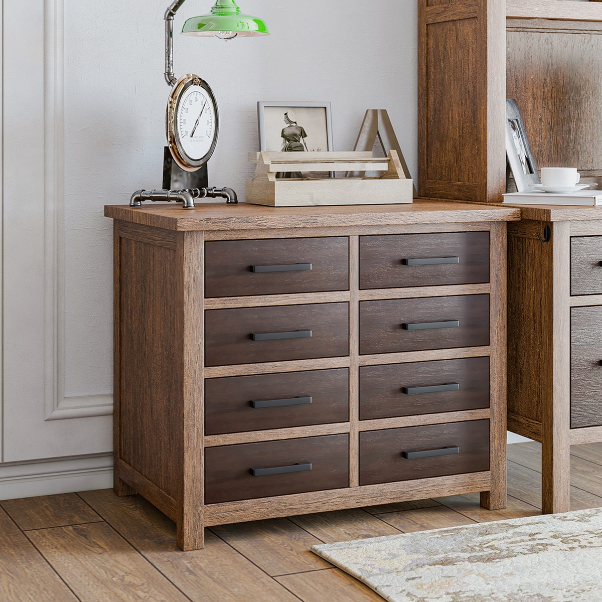 Borgloon Teak Wood Farmhouse 8 Drawer Home Office Credenza