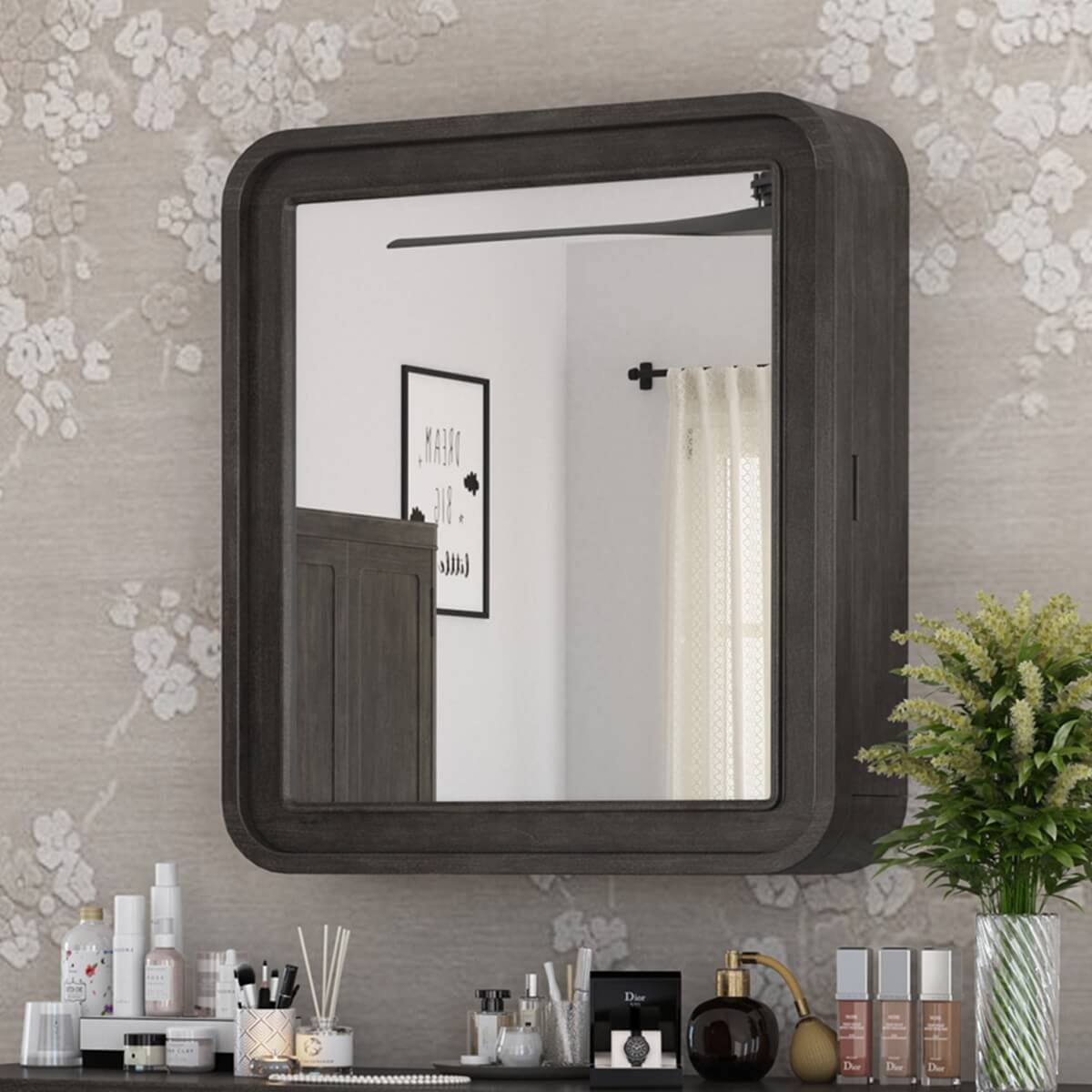 Estherville Modern Rustic Wood Box Mirror Frame with Hidden Storage