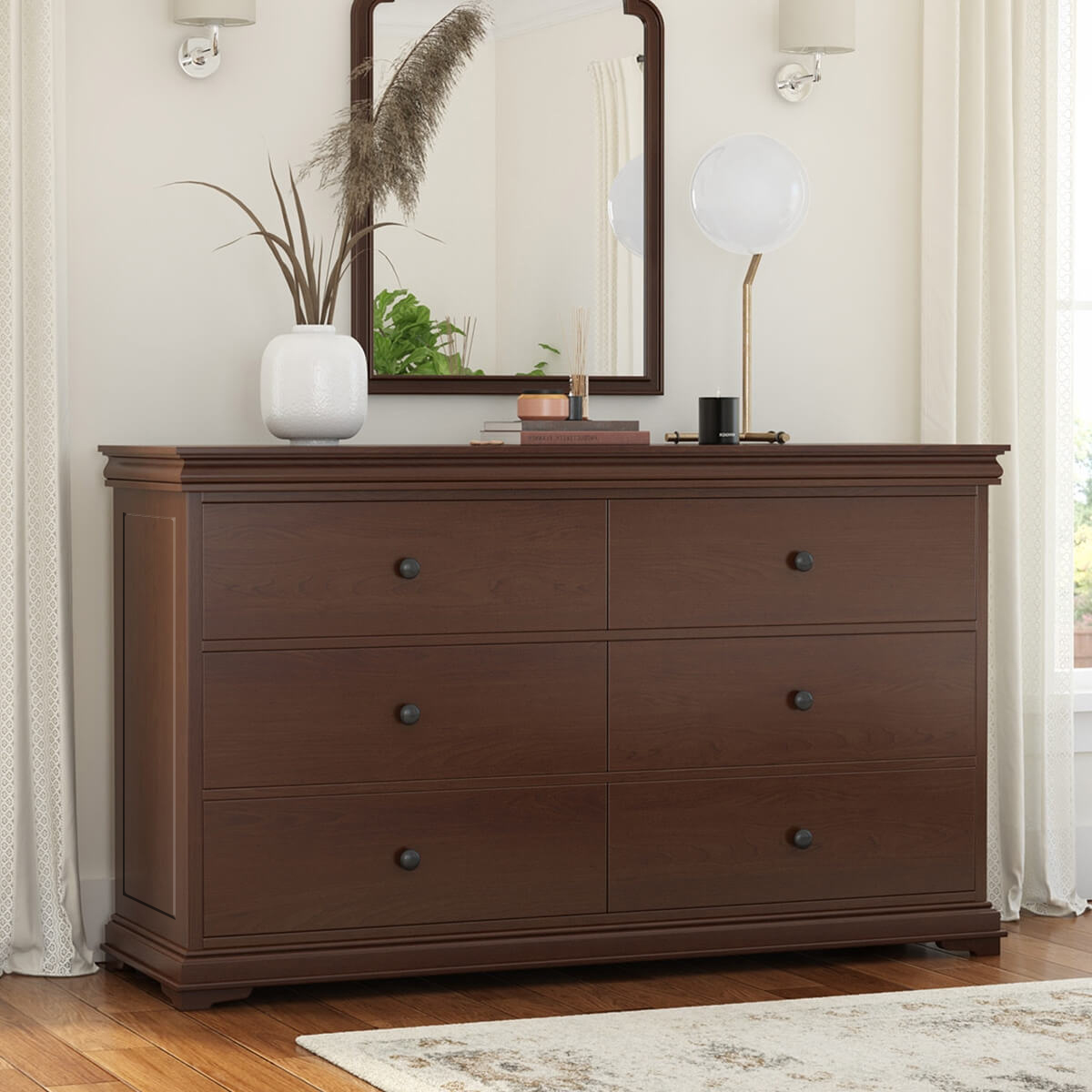 Classic Handcrafted Mahogany Wood 6 Drawer Double Dresser