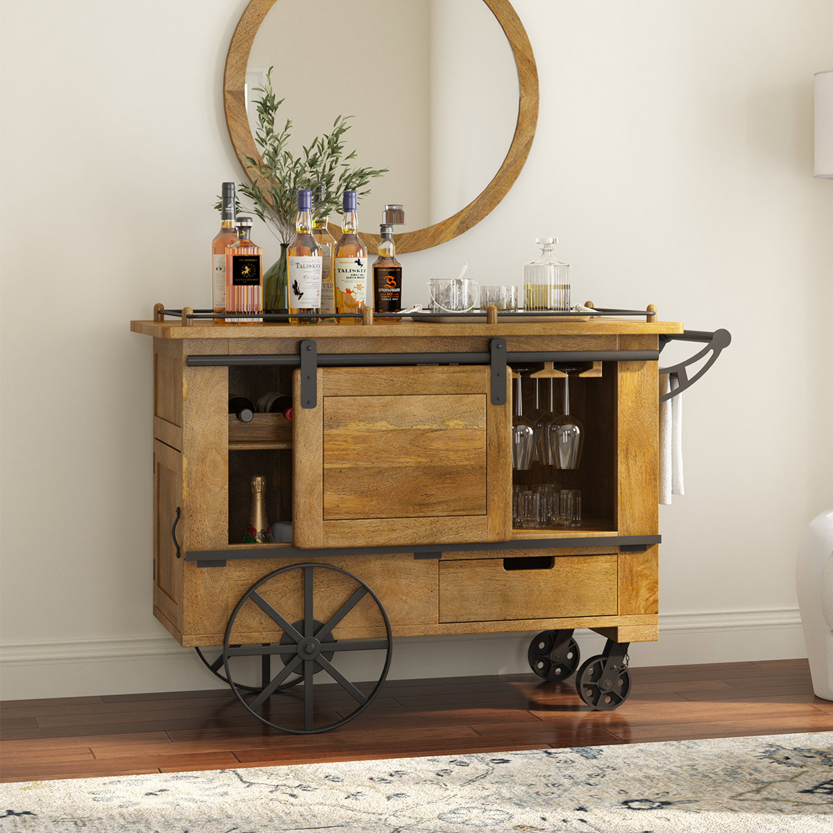 Bieber Large Industrial Farmhouse Bar Cart with Barn Door