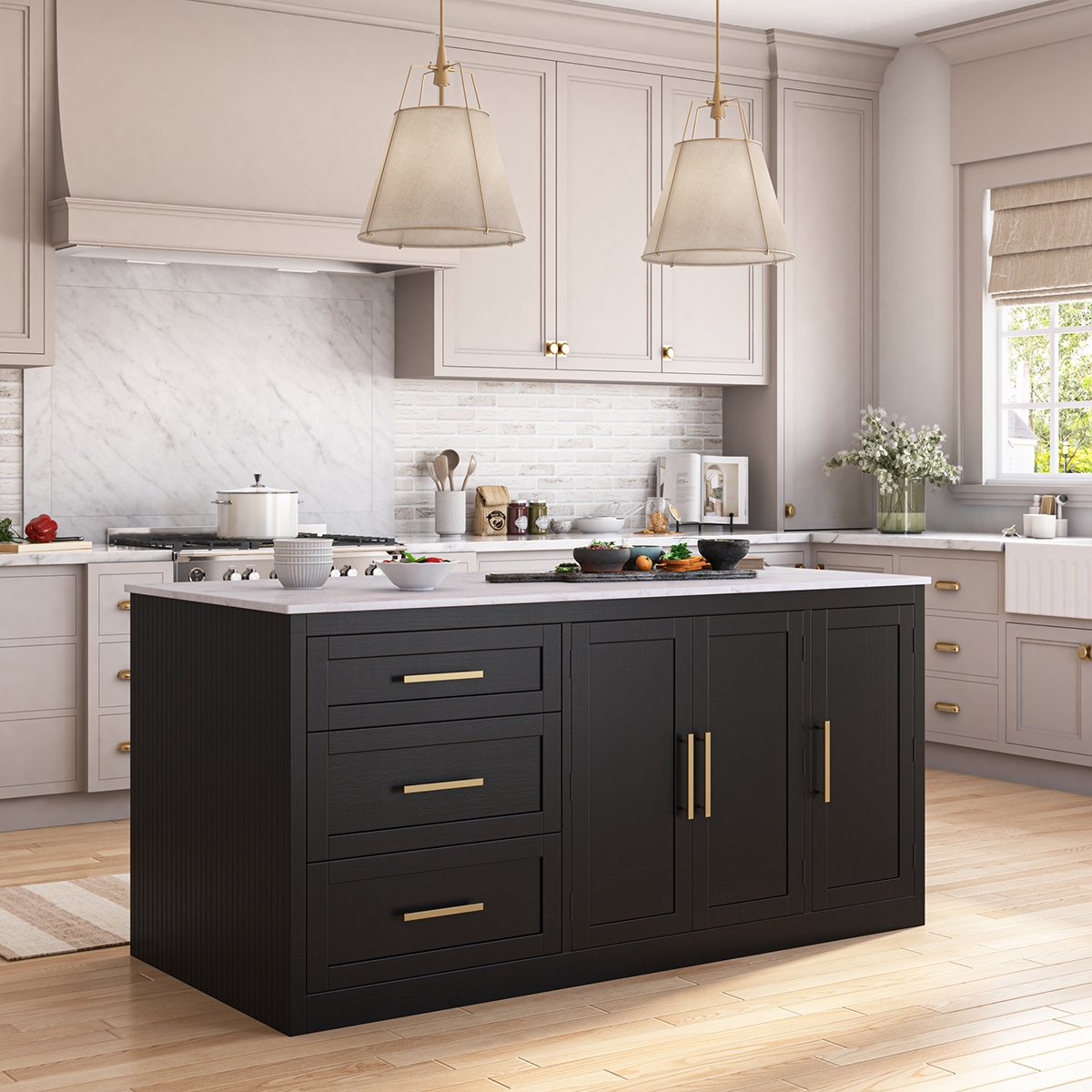 Hilversum Modern Solid Wood Marble Top Black Kitchen Island