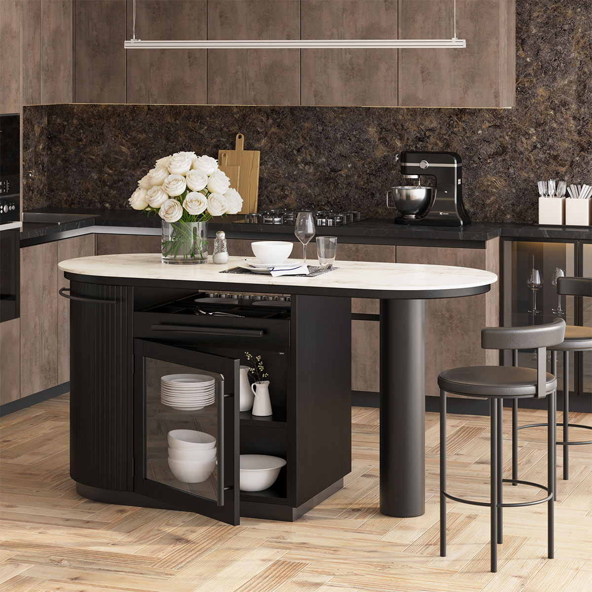 Cayman Solid Wood Modern Black Kitchen Island with Marble Top