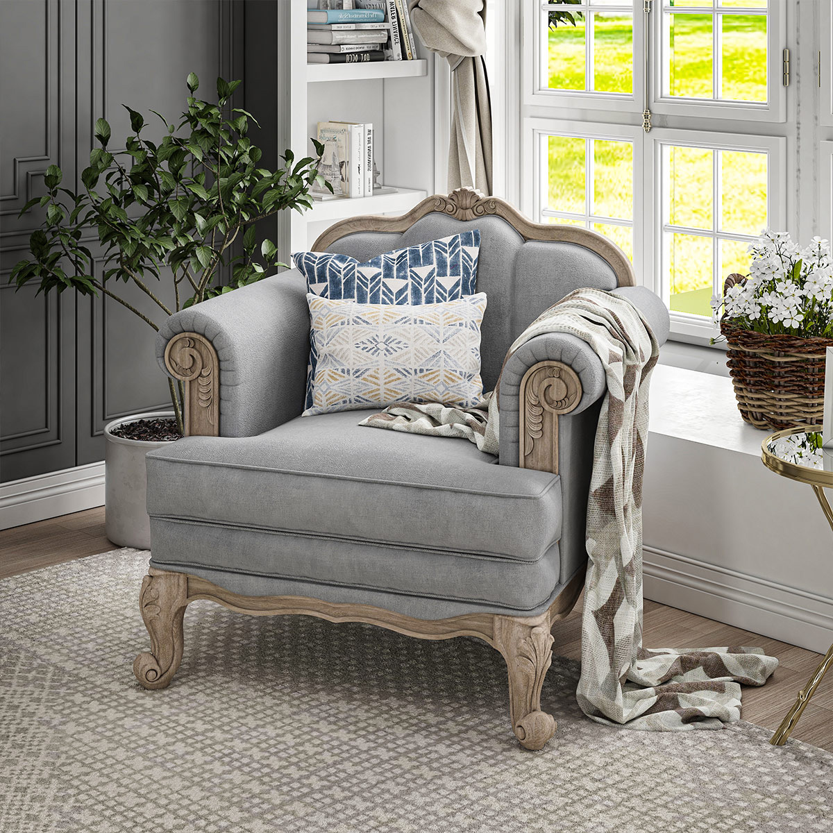 Sorocaba Rustic Teak Wood Traditional Upholstered Gray Sofa Chair