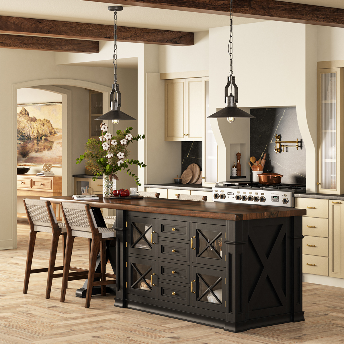 Helsinki Rustic Solid Wood 2 Tone Large Kitchen Island with storage