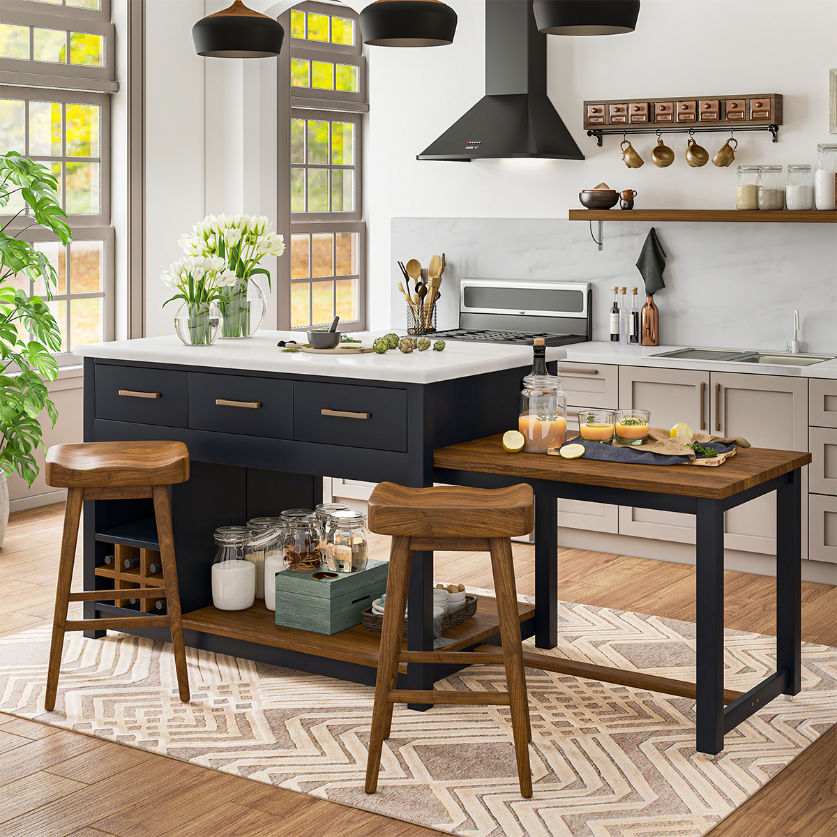 Seldovia Solid Wood Modern Extendable Kitchen Island With Seating Stool Set