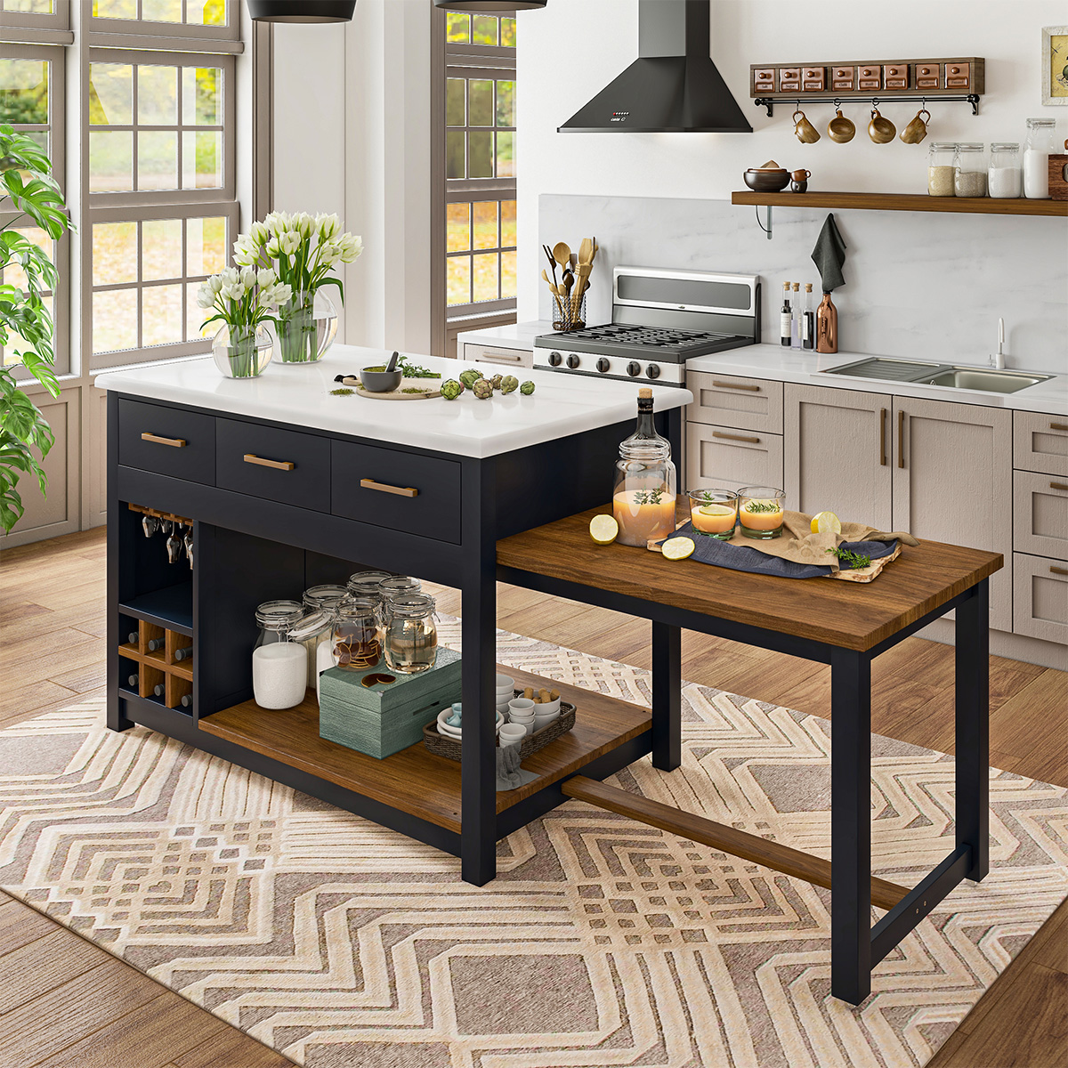 Seldovia Solid Wood Modern Extendable Kitchen Island with Marble Top